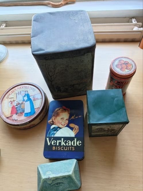 Set van 5 Vintage Blikken - Verkade, Bolletje, en meer, Verzamelen, Ophalen of Verzenden, Gebruikt, Koek(jes), Verkade