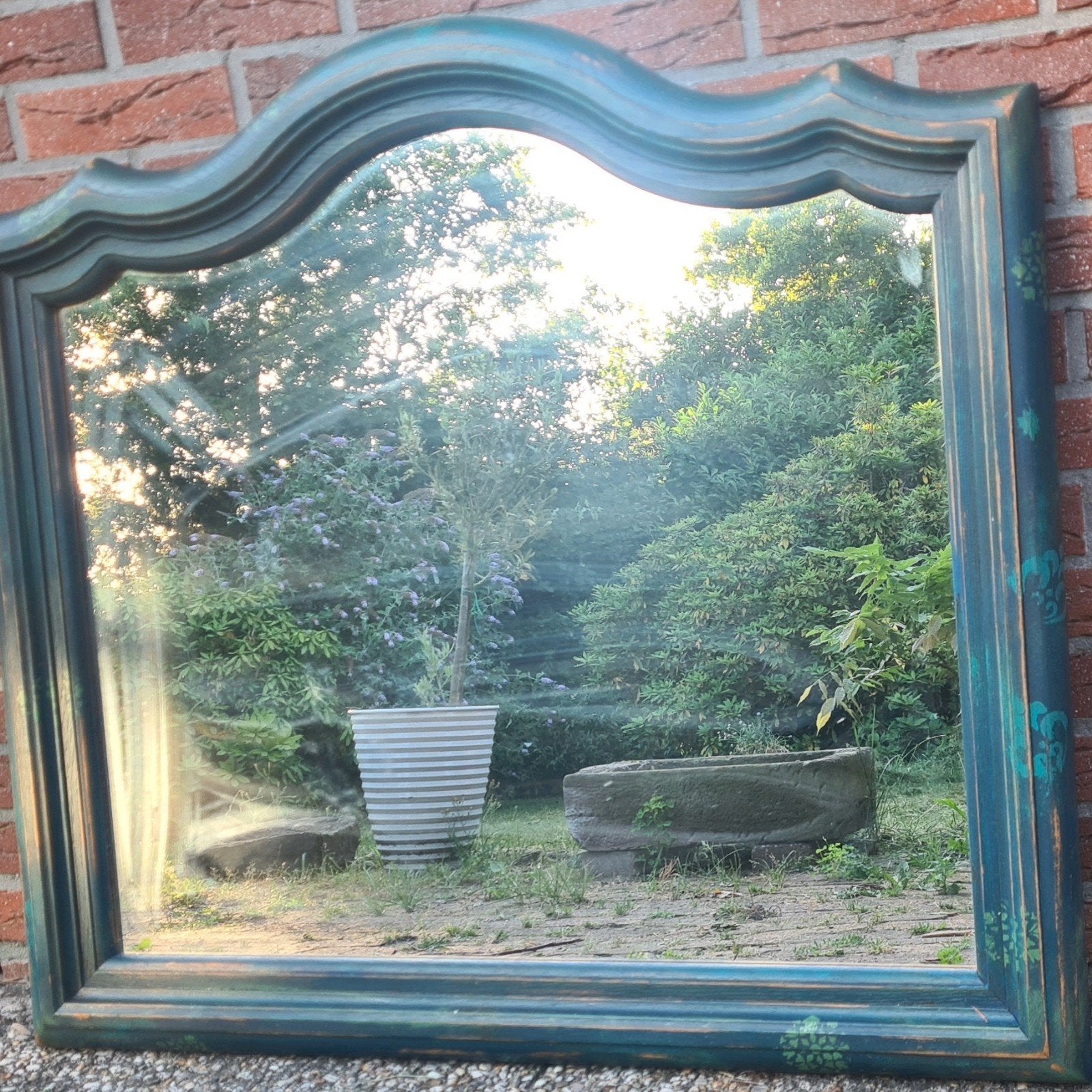 grote houten spiegel vintage boho stijl blauw, Ophalen, Zo goed als nieuw, 75 tot 100 cm, Minder dan 100 cm
