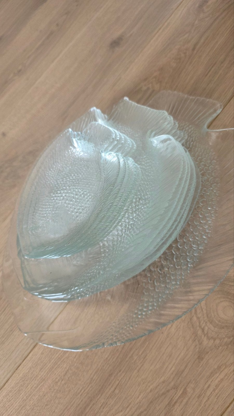Visservies glas: 6 amuse-, 8 borden en grote serveerschaal, Ophalen, Gebruikt, Glas, Bord(en)
