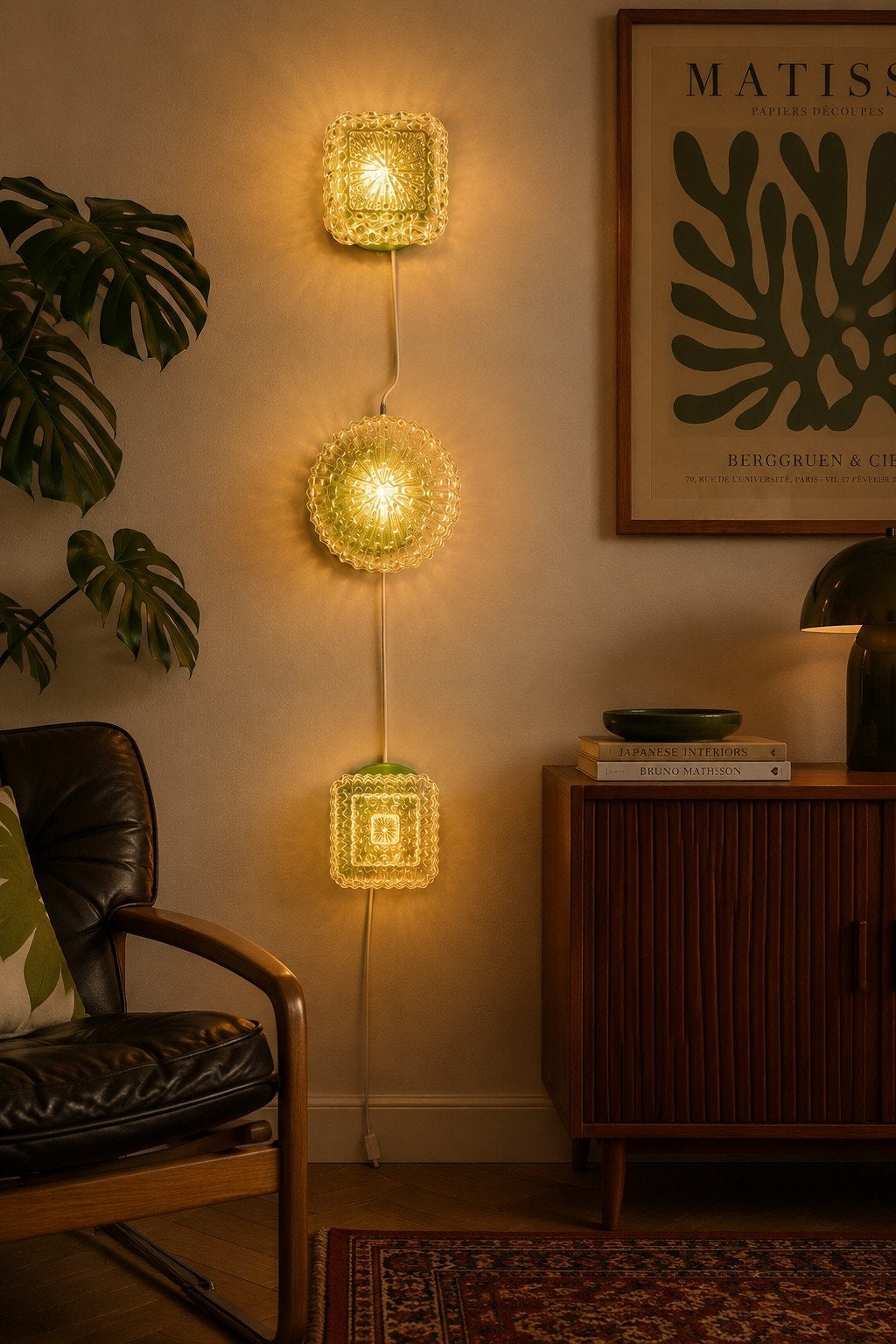 Set van 3 Art Deco/Mid-Century Wandlampen wall lamp set, Ophalen of Verzenden, Gebruikt, Glas