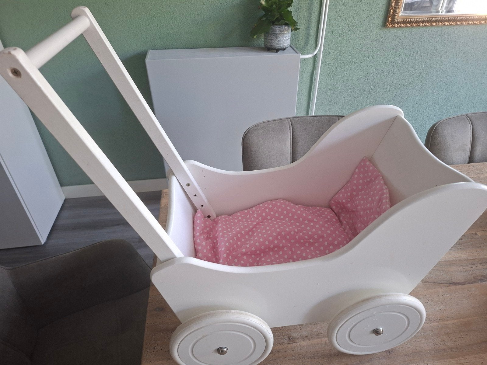 Houten kinderpoppenwagen - Wit met roze stippen, Ophalen, Babypop