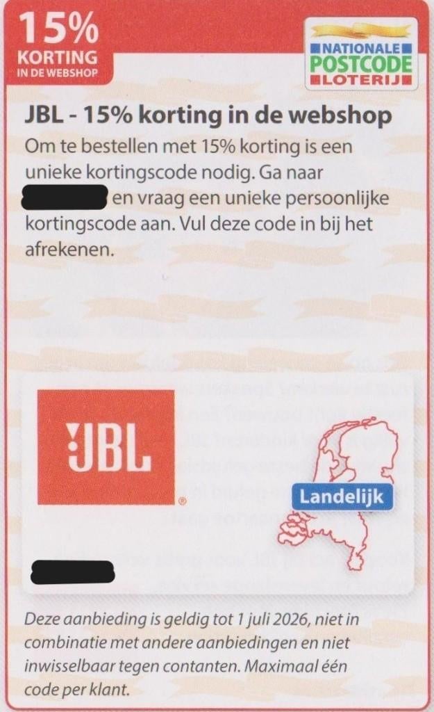 JBL 15% korting in de webshop. Postcodeloterij kortingsbon., Eén persoon, Kortingsbon, Warenhuis- of Winkelbon
