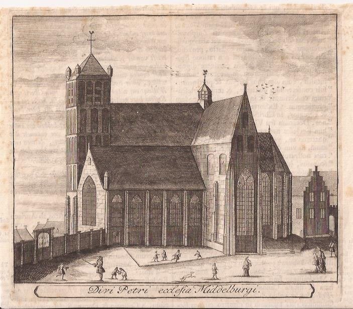 Divi Petri ecclesia Middelburgi. Pieterskerk Middelburg, Antiek en Kunst, Stadsgezicht, Ophalen of Verzenden, Gravure, 14 cm