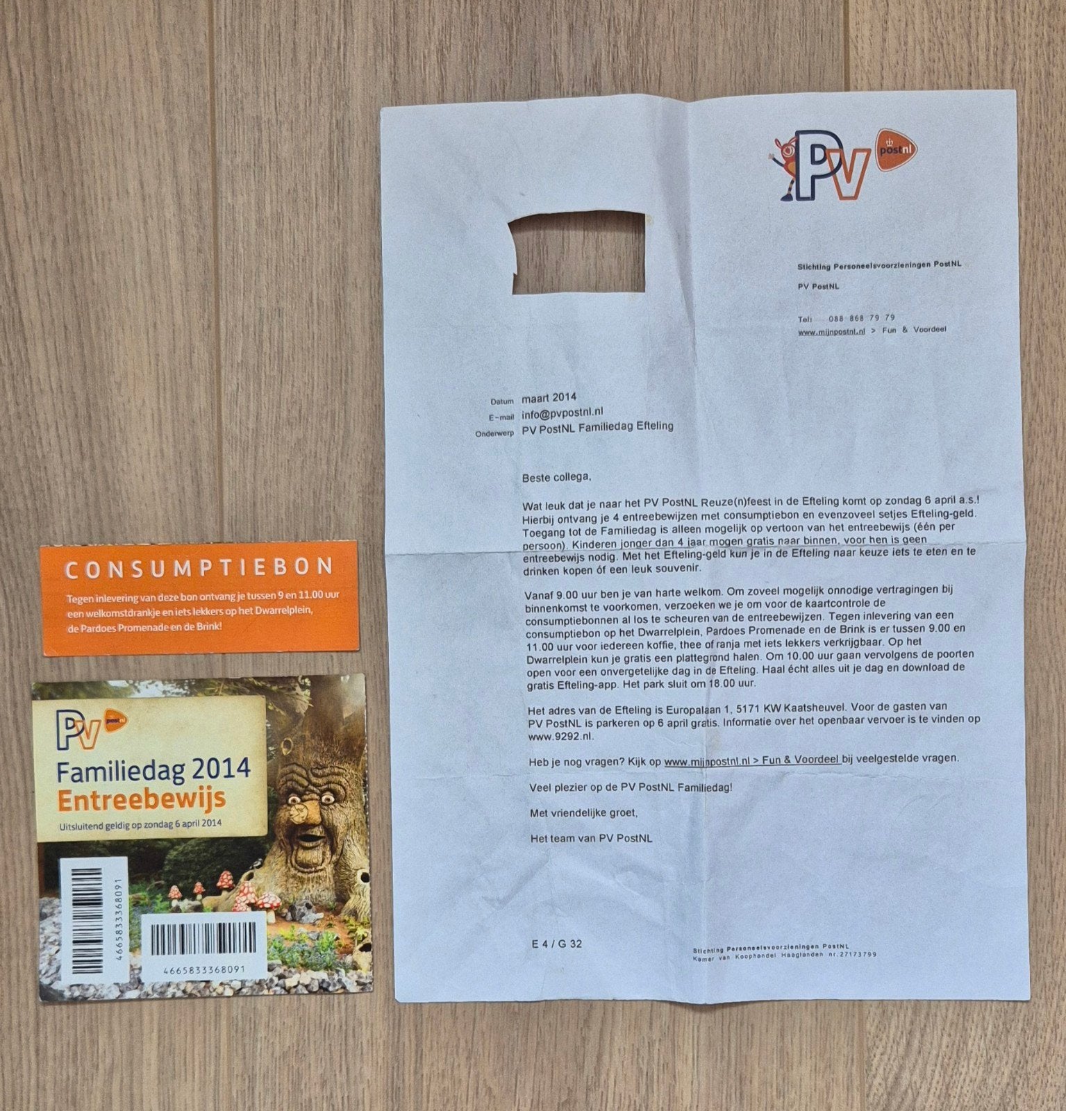 Efteling oud entreeticket - uniek 6 april 2014 - PV PostNL, Verzamelen, Efteling, Gebruikt, Overige typen, Ophalen of Verzenden