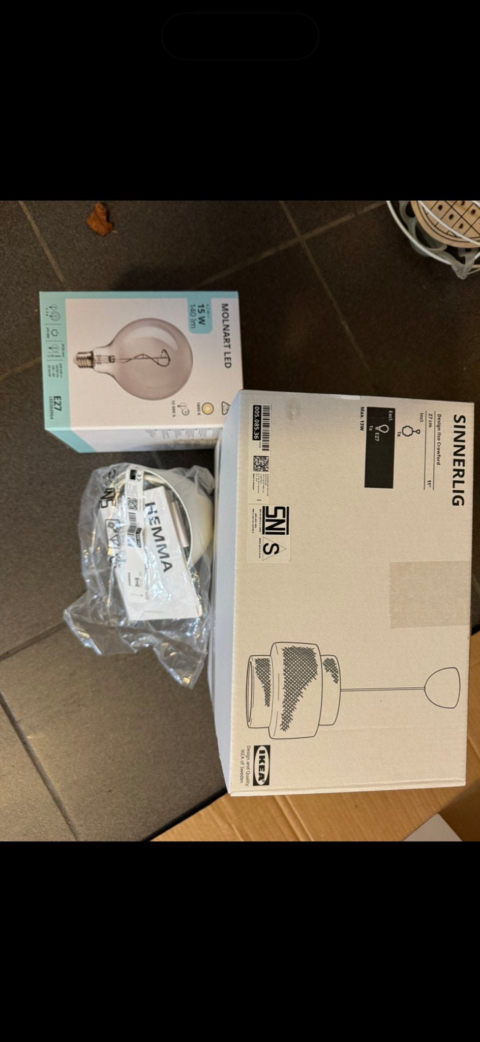 IKEA SINNERLIG hanglamp met HEMMA snoer en MOLNART LED, Ophalen, Nieuw, Metaal, E27 (groot)