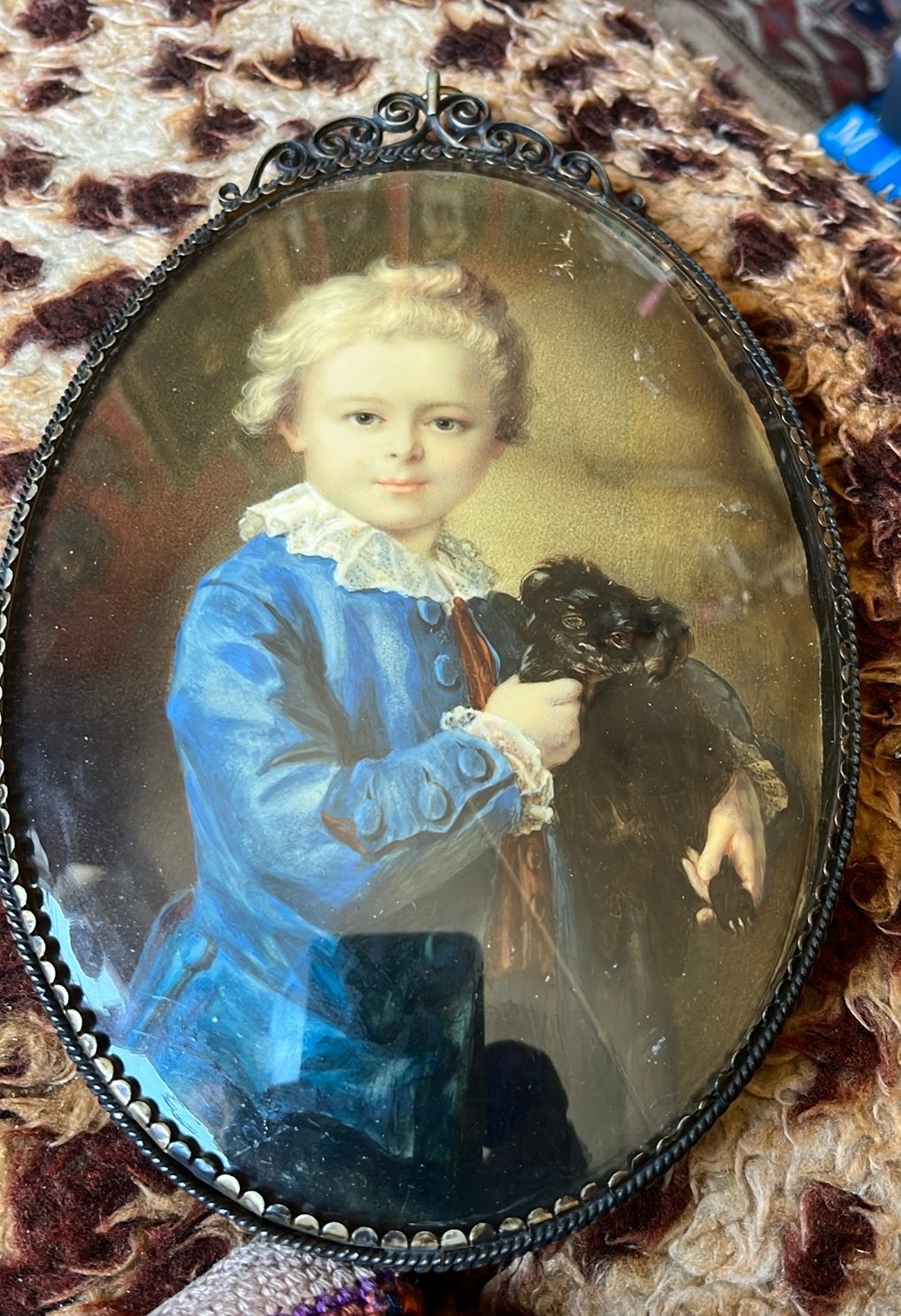 Oud Portretje van Kind met Hondje in lijstje, Ophalen of Verzenden
