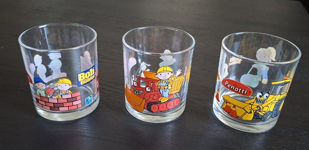 3 glazen van Bob de Bouwer voor kinderen van Penotti, Verzamelen, Ophalen of Verzenden, Zo goed als nieuw, Frisdrankglas