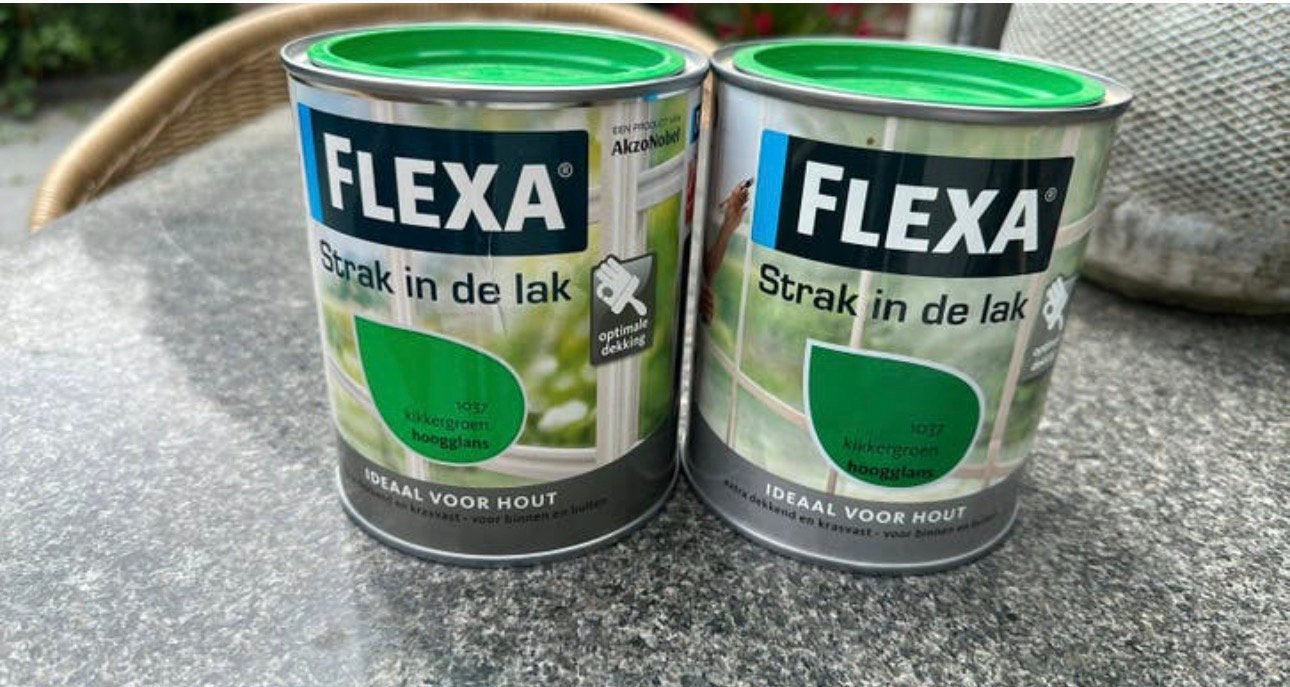 Te koop 2 blikken Flexa kikkergroen nu 8,50, Doe-het-zelf en Verbouw, Verf, Beits en Lak, Ophalen, Nieuw, Verf, Minder dan 5 liter