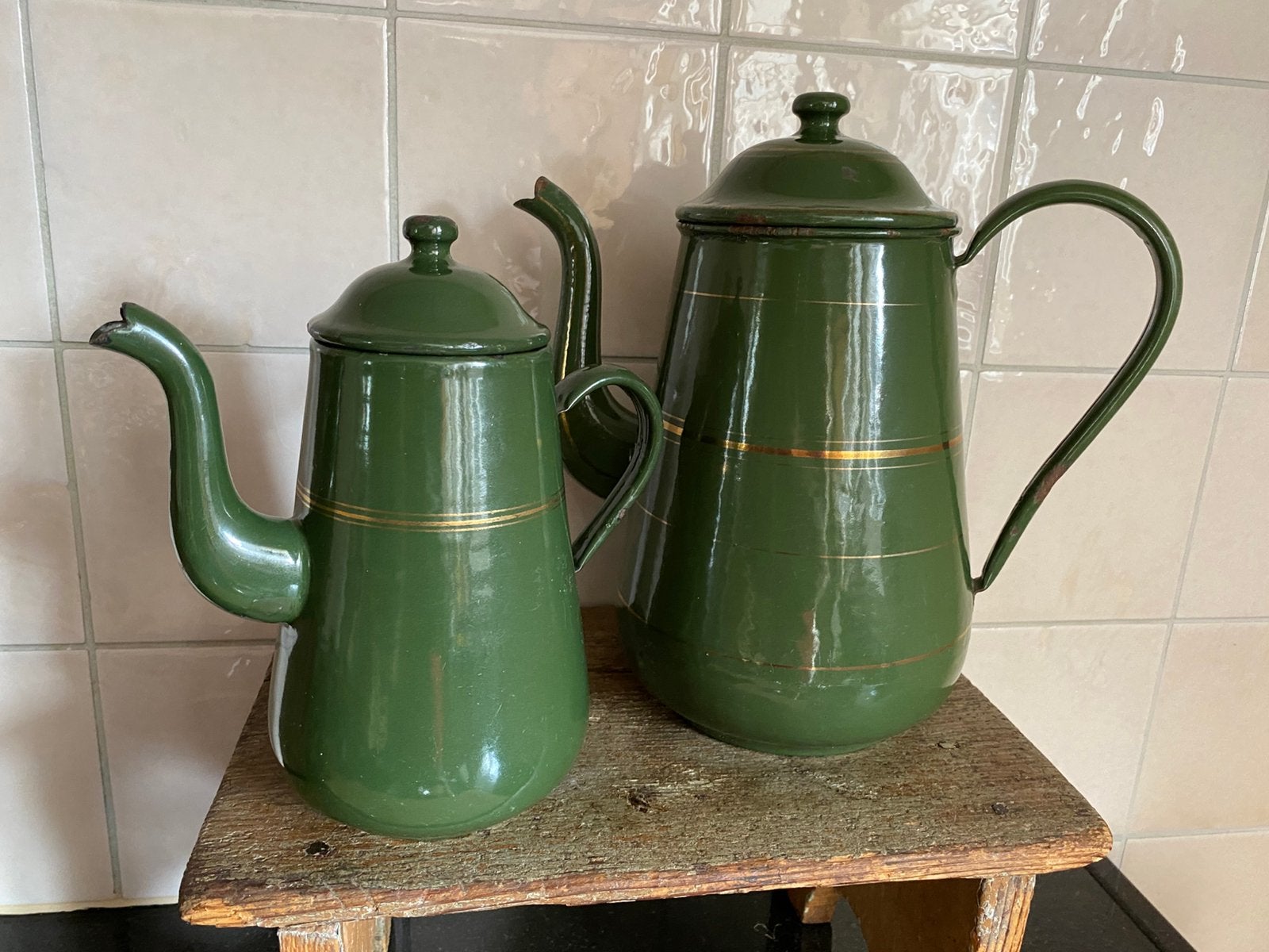 Brocante emaille koffie potten, donkergroen, Ophalen of Verzenden