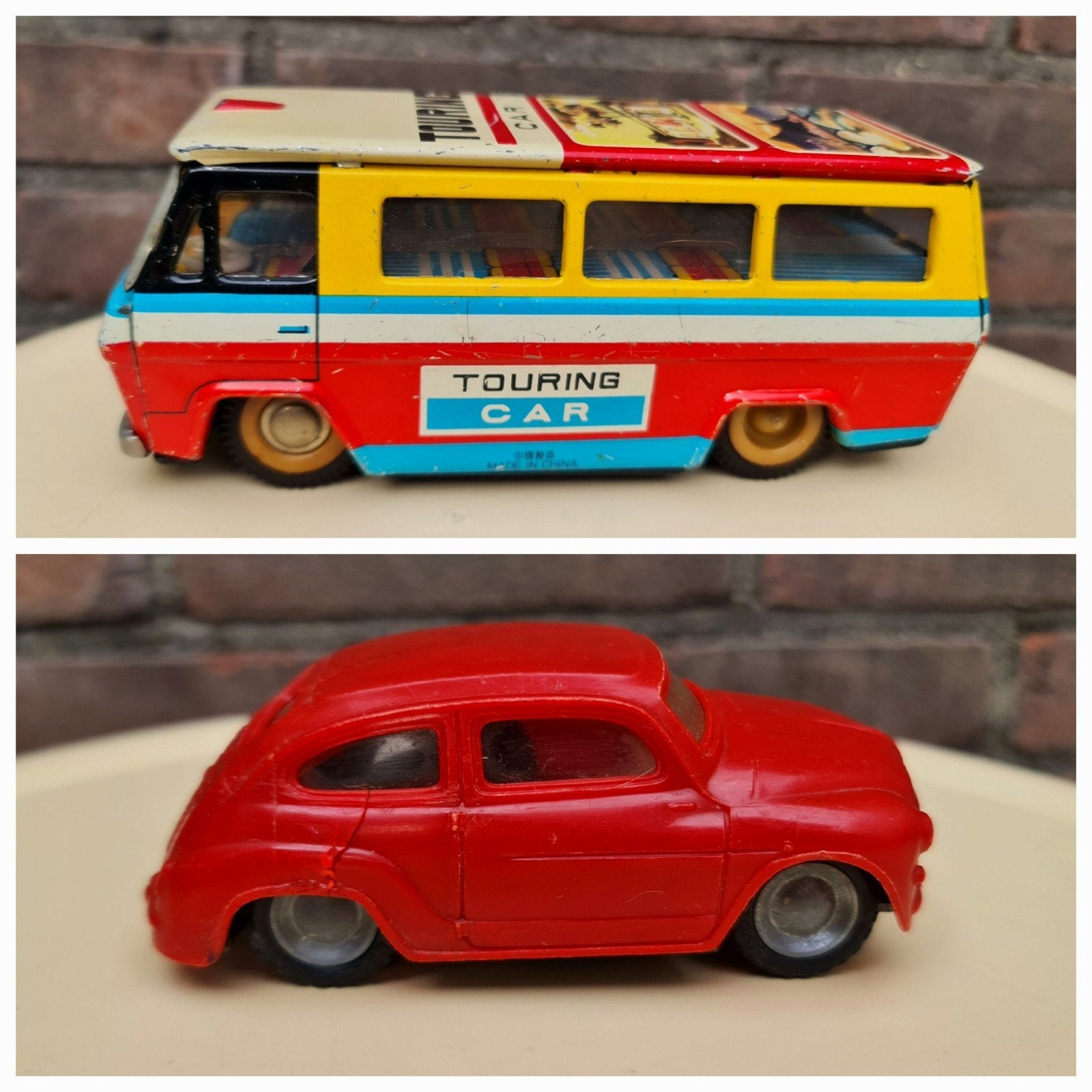 Vintage blikken Touring Car bus Tourist coach en FIAT 600, Verzamelen, Speelgoed, Ophalen, Gebruikt
