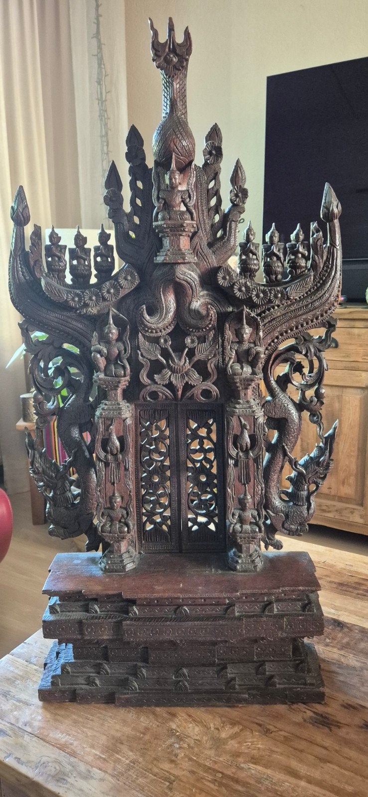 Antiek teakhouten Birmees/Birmaans tempel, Antiek en Kunst, Kunst | Beelden en Houtsnijwerken, Ophalen, Houtsnijwerk, 50 - 100 cm