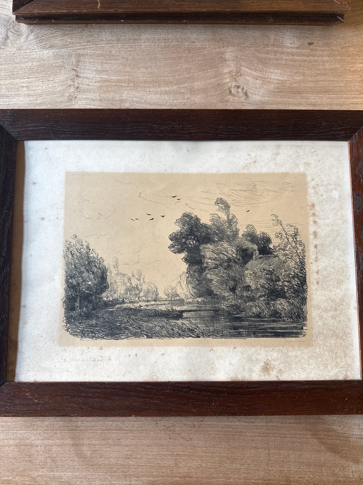 Antieke Ets: Landschap met Bomen en Water, Antiek en Kunst, 1800 - 1899, Ets, Ophalen of Verzenden, Gesigneerd
