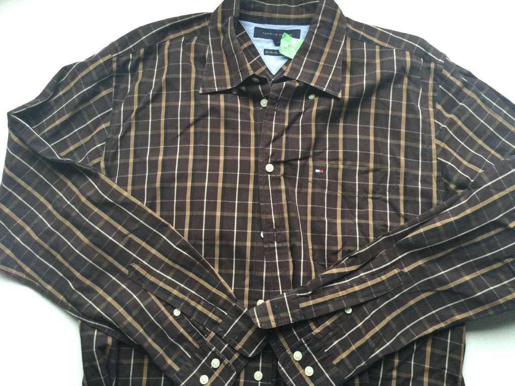 Tommy Hilfiger 80s Two Ply Cotton Langarm Hemd Größe L, Bruin, Tommy Hilfiger, Ophalen of Verzenden, Zo goed als nieuw