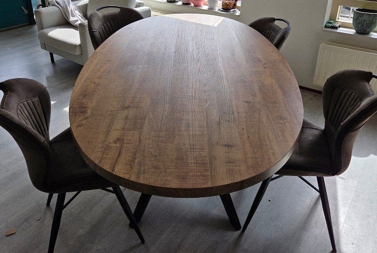 Eikenhouten eettafel 220x120 cm – zwart metalen onderstel, Ophalen, 100 tot 150 cm, Eikenhout, 200 cm of meer