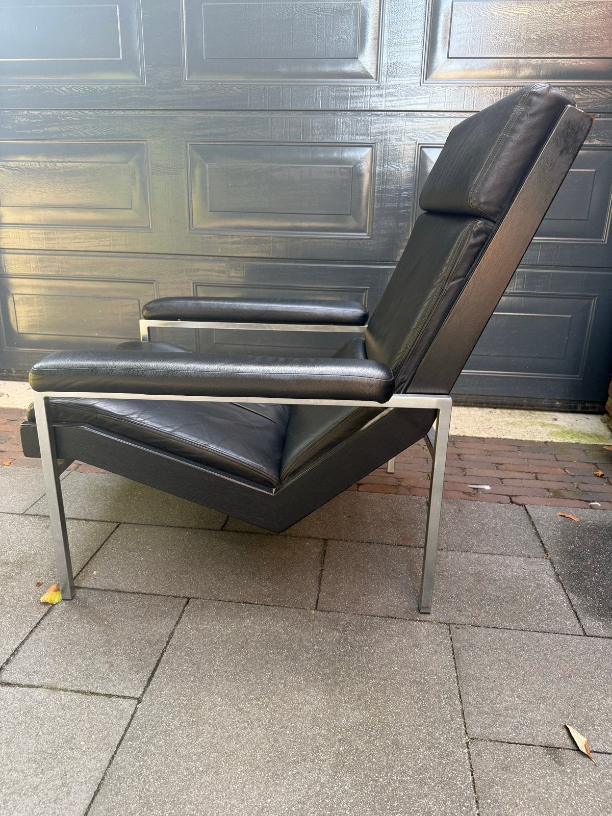 Vintage Lotus fauteuil - Zwart leer en chroom, Ophalen