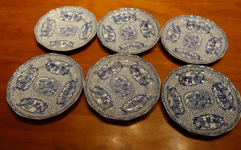 Set van 6 antieke blauw-witte Chinese borden, Ophalen