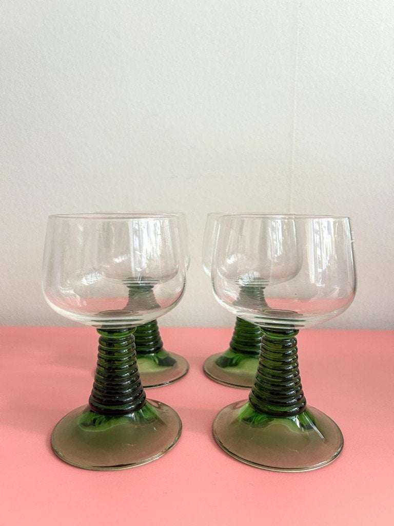 4x roemer wijnglas groene voet vintage, Ophalen of Verzenden, Zo goed als nieuw, Overige typen
