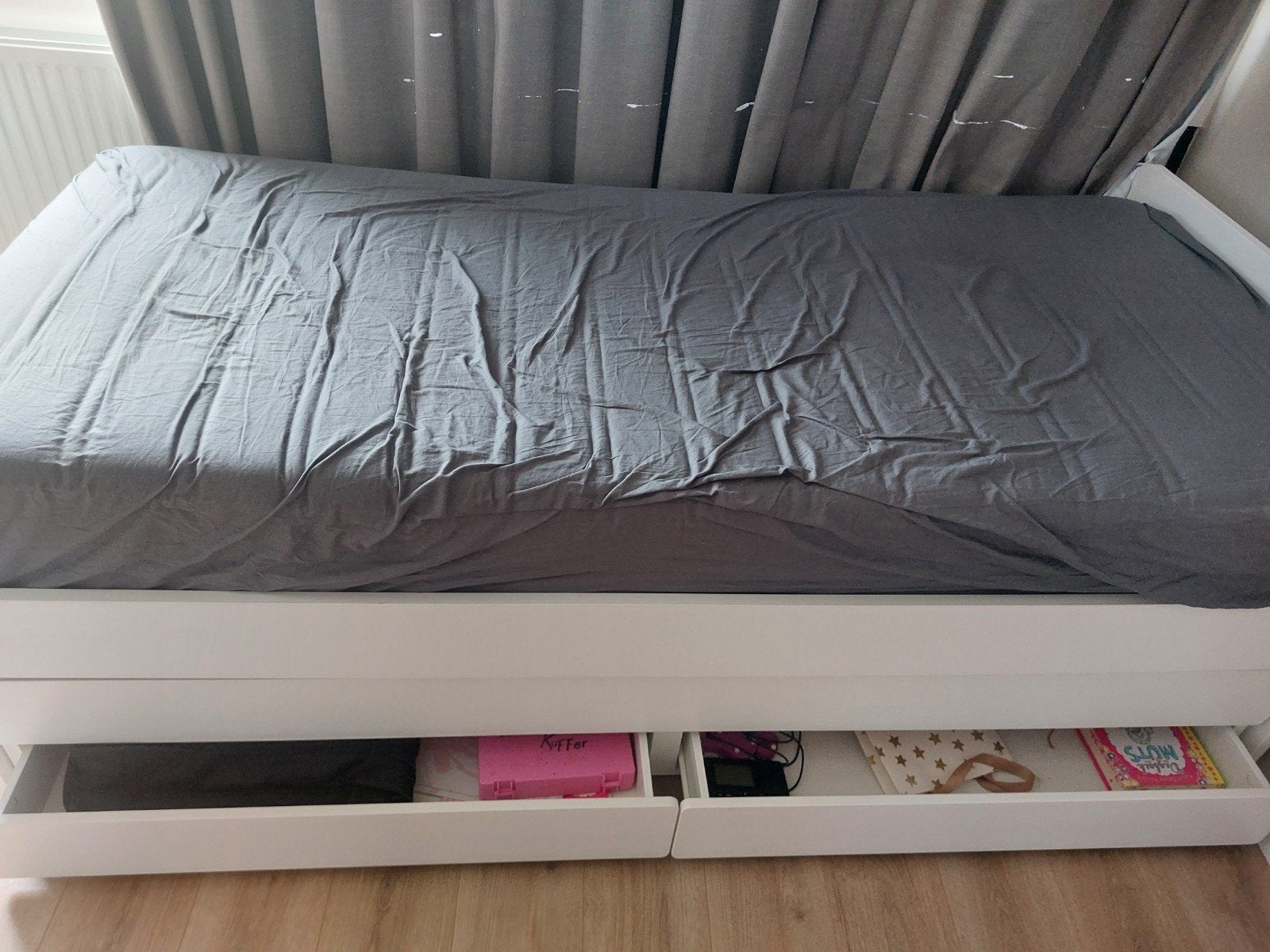 IKEA SLÄKT bedframe met onderbed en opberger, wit, Ophalen, 180 cm of meer, 85 tot 100 cm