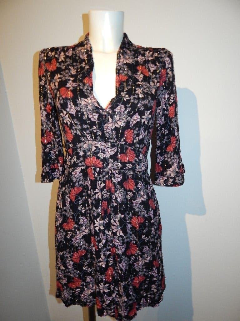 BA&SH bloemen jurk metal in de stof gestreept 1/S, Ba&sh, Maat 36 (S), Gedragen, Boven de knie