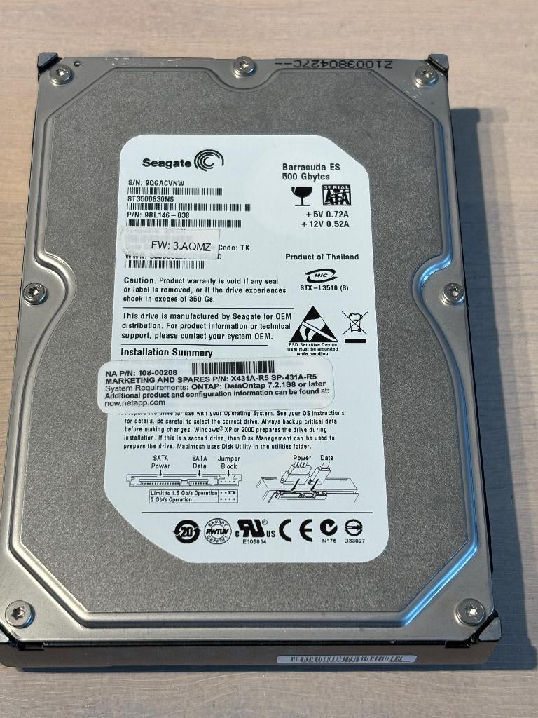 Seagate Barracuda ES 500GB, Computers en Software, Harde schijven, Ophalen, Intern, Gebruikt, Desktop