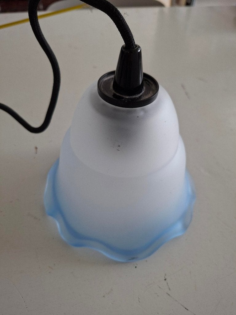 vintage glazen hanglamp lichtblauw kapje persglas retro, Gebruikt, Glas, Retro, E27 (groot)