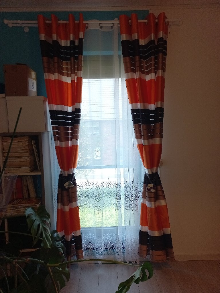 Kant-en-klaar ringgordijn 140x230 gestreept bruin oranje wit, Met ringen, Bruin, 230 cm, Ophalen of Verzenden