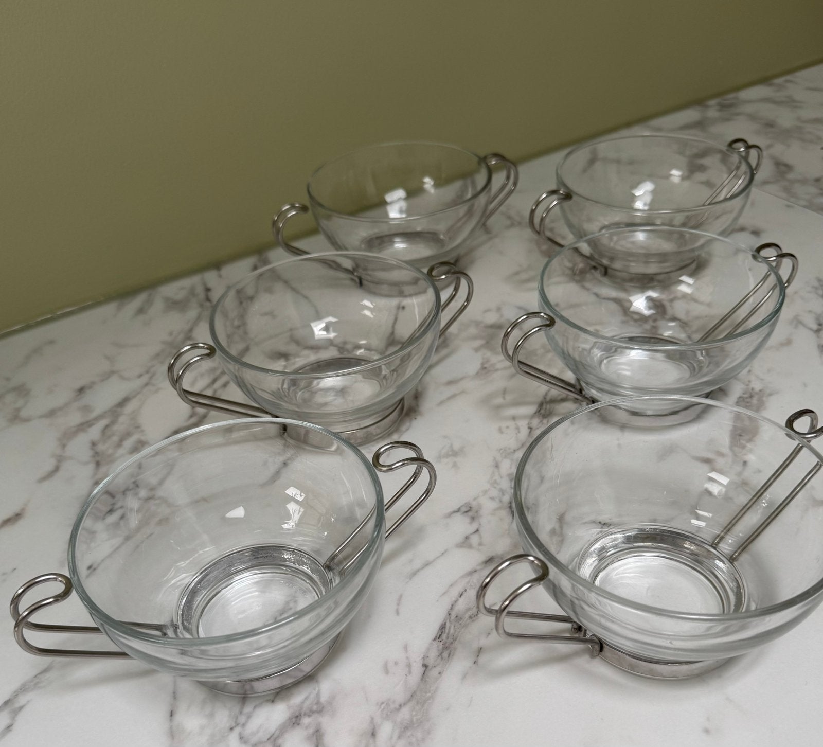 Vintage Vitrosax Italy soepkommen met RVS houder set van 6, Overige merken, Vintage, Ophalen of Verzenden, Kom(men)