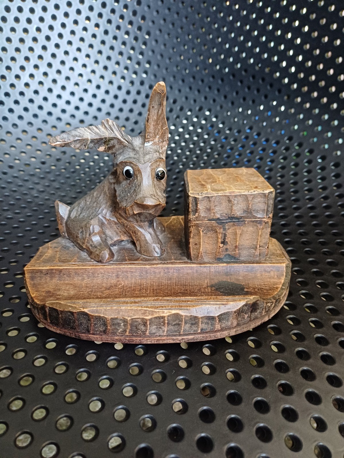 Antieke houten inktpot met houtsnijwerk hondje, Ophalen of Verzenden