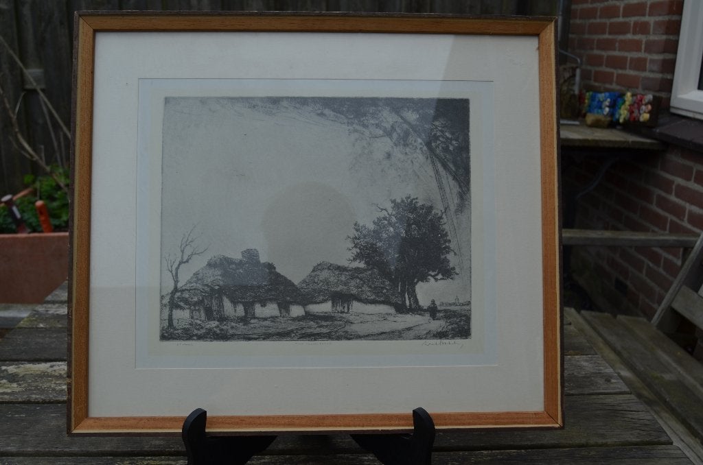 Chromolitho boerenwoning Oud Achterbosch Mol Dirk Baksteen, Ingelijst, Ophalen of Verzenden, 37 cm, Landschap