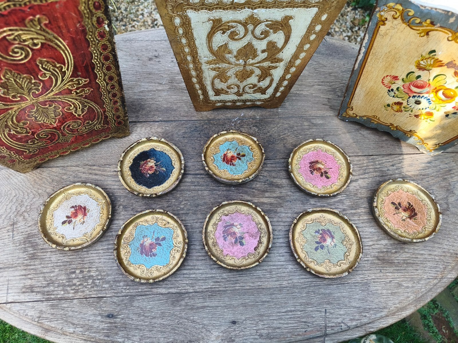 Set Oude houten florentijnse onderzetters bloemen 8 stuks, Ophalen of Verzenden
