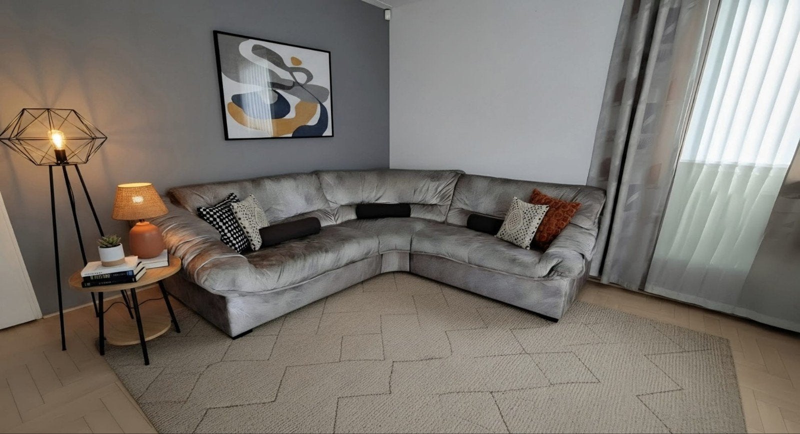Comfortabele hoekbank in grijs roze stof, Ophalen, Gebruikt, Comfortabel, Gezellig, Hoekbank