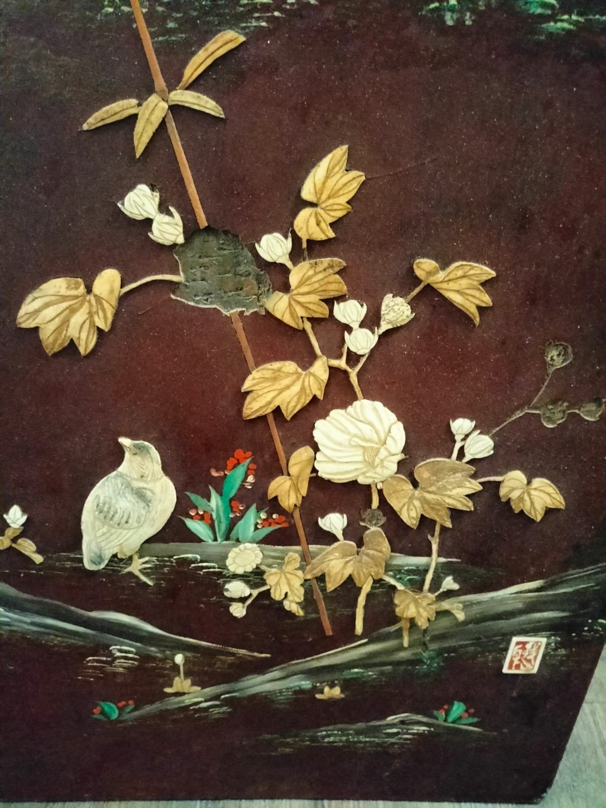 Antieke Japanse panelen met Mount Fuji en vogels, Ophalen