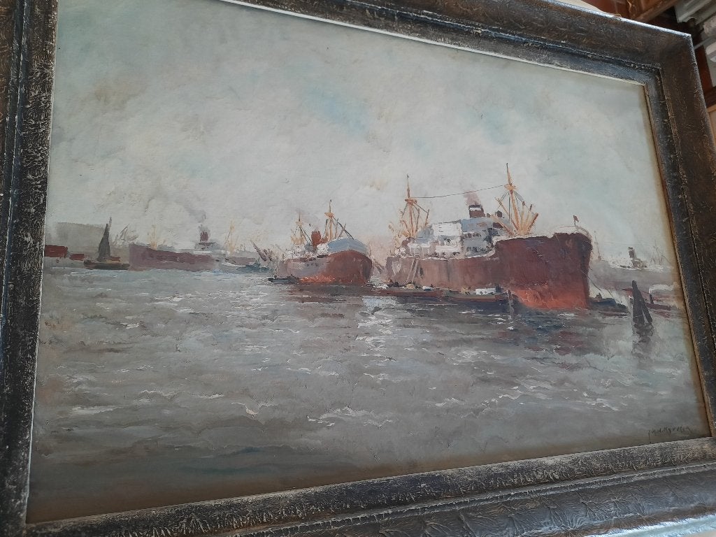 Schilderij Riny vd krooler havengezicht, Ophalen of Verzenden, Olieverf, Maritiem / water, Doek