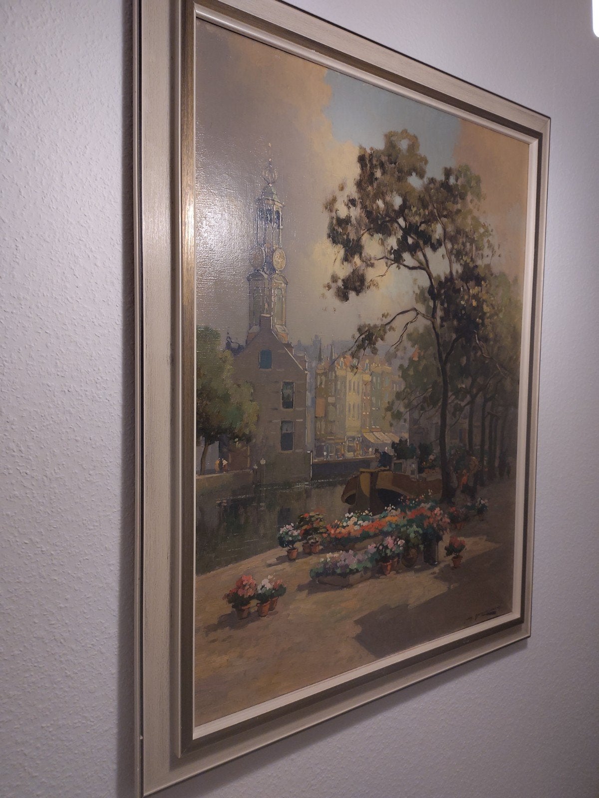 Schilderij Stadsgezicht Amsterdam Bloemmarkt Jan knikker jr., Ophalen, Doek, Realistisch, Olieverf