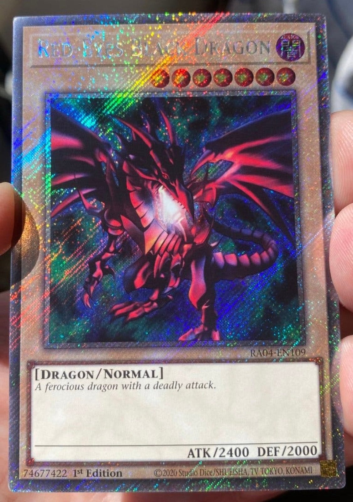 Yu-Gi-Oh! Red-Eyes Black Dragon RA04 1st Edition !, Ophalen of Verzenden, Zo goed als nieuw, Losse kaart, Foil