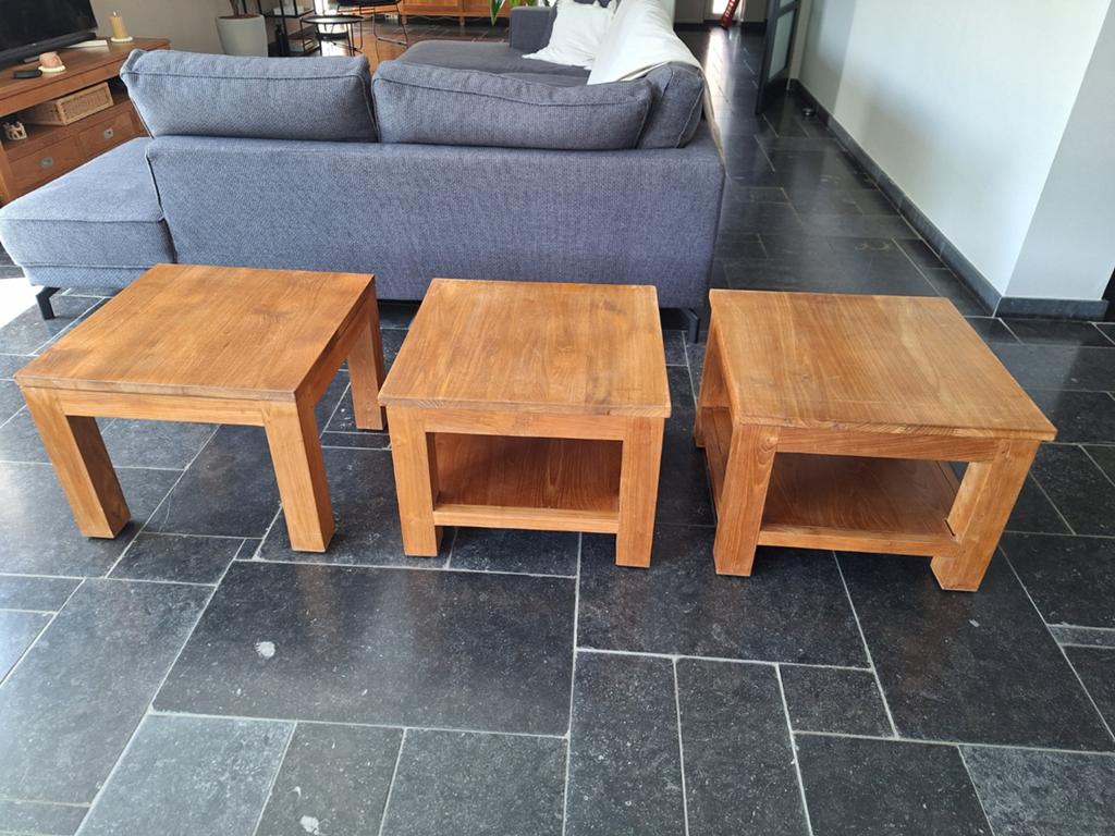 Teakhouten bijzettafeltjes 60x60x45 cm - per stuk, Huis en Inrichting, Tafels | Bijzettafels, Ophalen, Minder dan 45 cm, Gebruikt