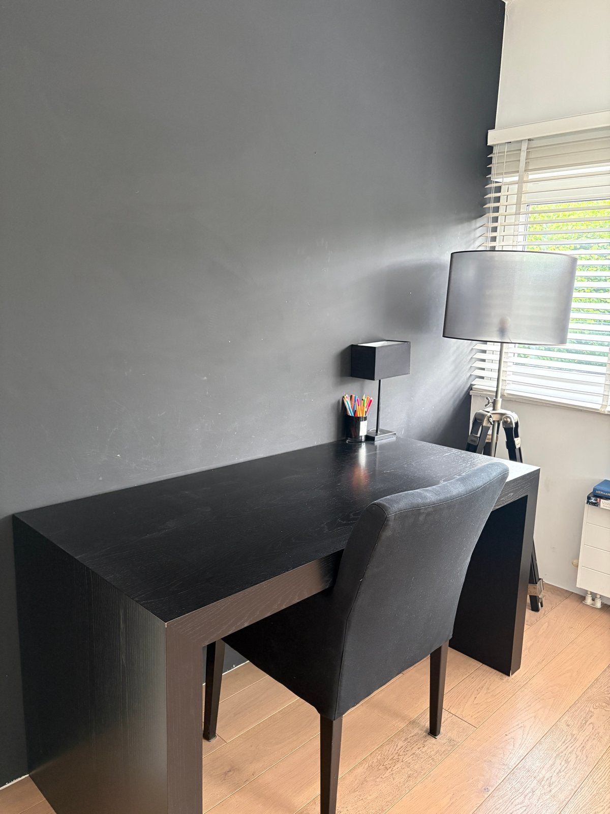 Handgemaakt massief eiken zwart bureau met stoel, Ophalen, Gebruikt, Hout, Overige merken
