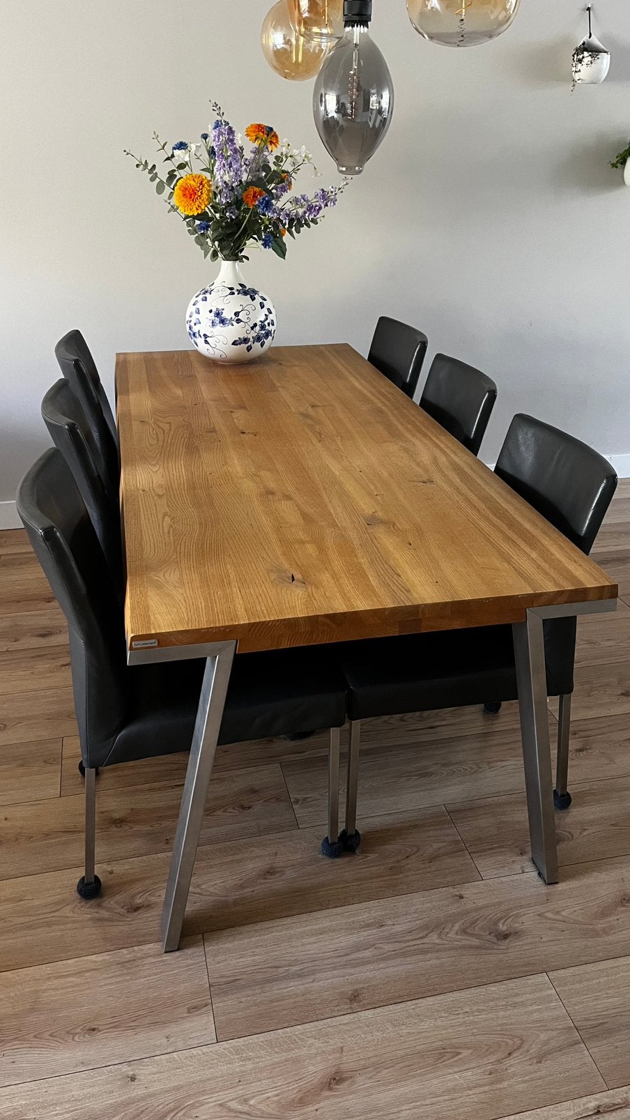 Bert Plantagie Seven eettafel + 6 Jeanne lederen stoelen, Ophalen, 200 cm of meer, 50 tot 100 cm, Zo goed als nieuw