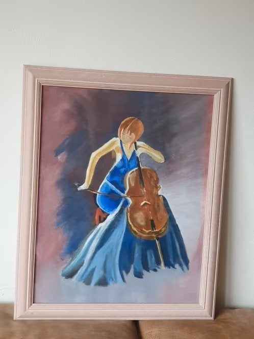 Schilderij achter glas vrouw met cello ongesigneerd, Antiek en Kunst, Kunst | Schilderijen | Klassiek, Ophalen