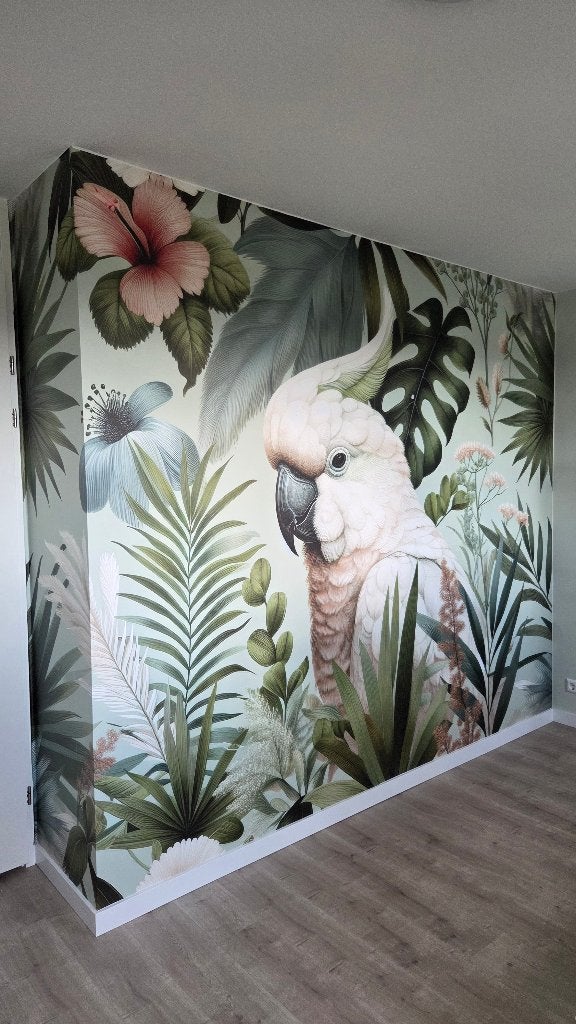 Zelfklevend Fotobehang Witte Kaketoe Tropisch Bladgroen, Natuurlijk, Overige merken, Ophalen of Verzenden, Fotobehang