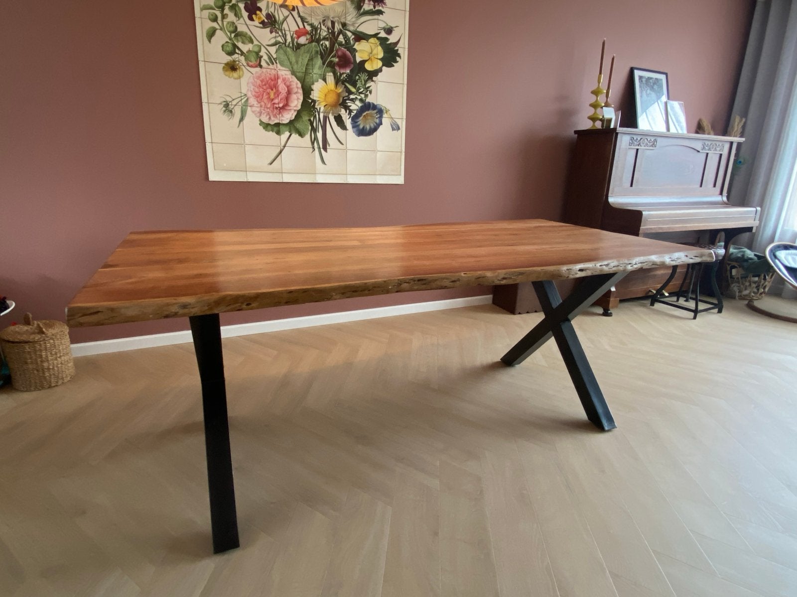 Acaciahouten eettafel 200x100 cm met stalen kruispoot, Ophalen, Gebruikt, 100 tot 150 cm, 200 cm of meer