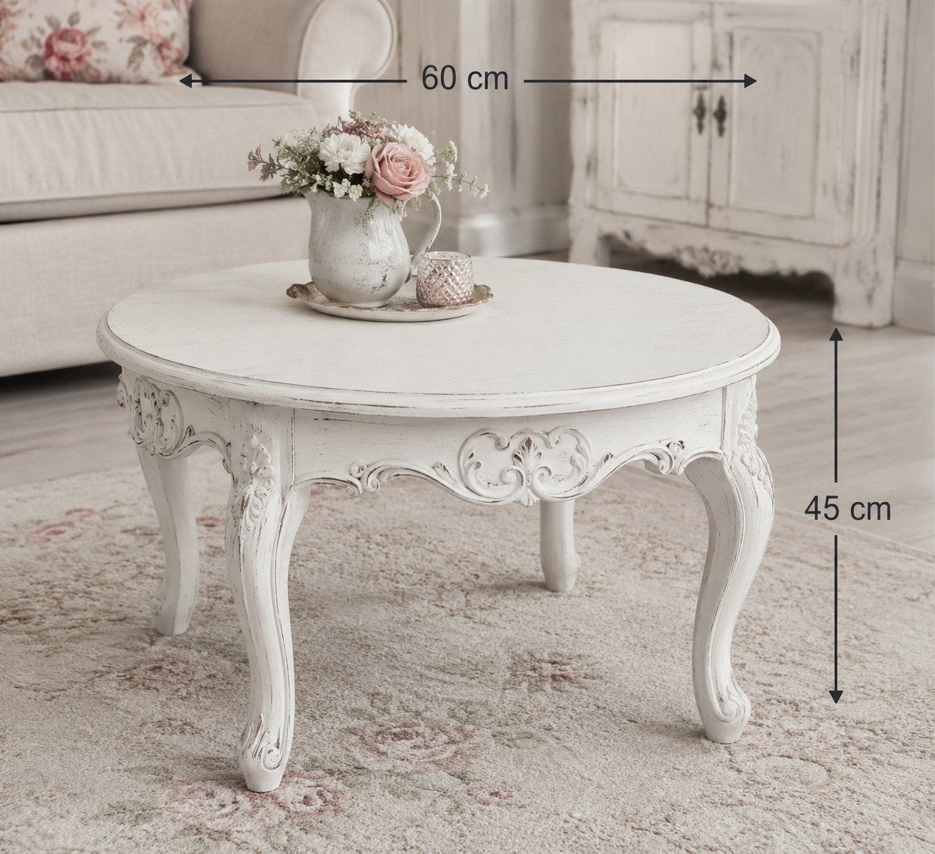 GEVRAAGD: Romantische shabby chic salontafel Louis XV stijl, Teakhout, Minder dan 50 cm, Rond, Nieuw