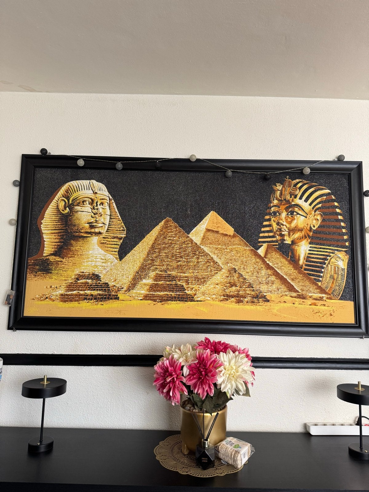 Heel Groot Egyptisch papyrus schilderij met lijst, Antiek en Kunst, Ophalen, Schilderij, Papier/karton, Meerkleurig