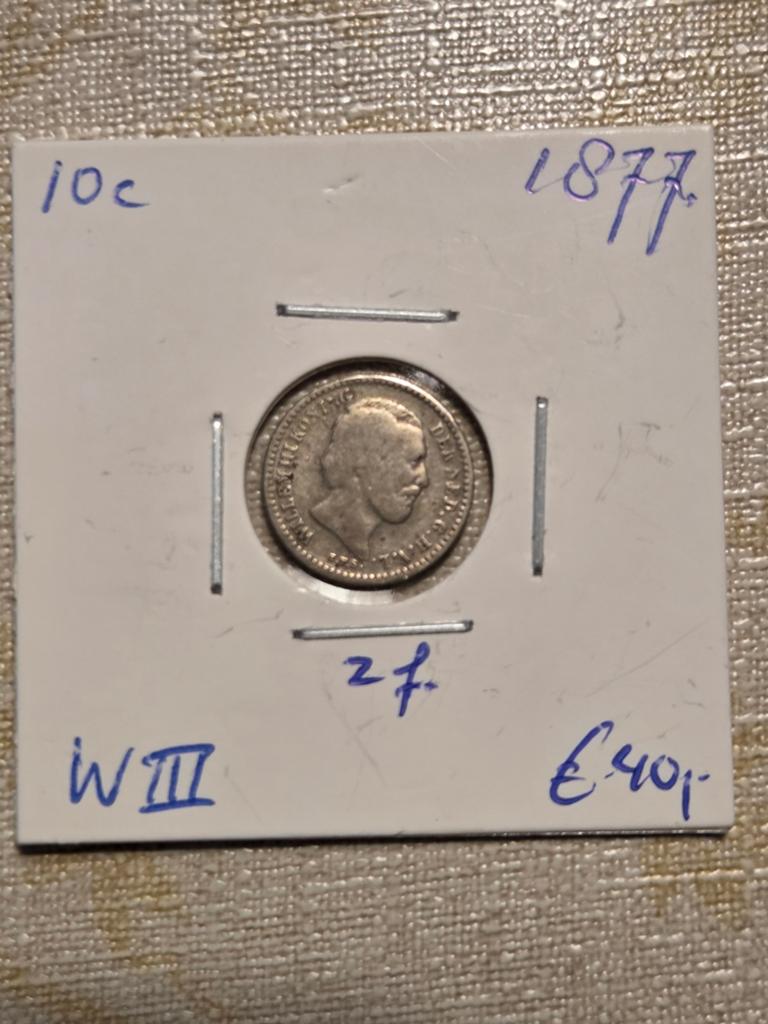 Zilveren 10 cent munt Koning Willem III 1877, Koning Willem III, Zilver, Ophalen of Verzenden, 10 cent