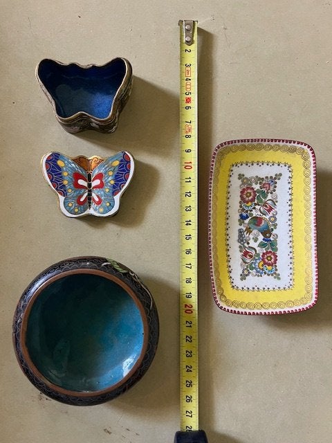 Set 4 vintage Aziatische Cloisonné doosjes & schaaltjes, Antiek en Kunst, Ophalen of Verzenden