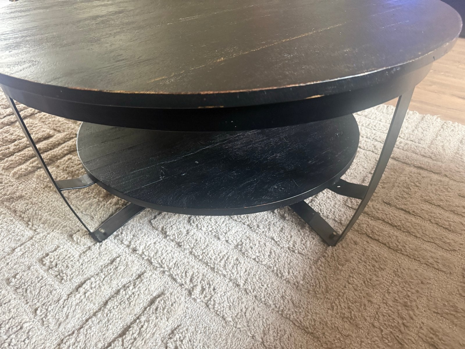 Mango Houten Salontafel - Zwart Gebeitst met Metalen Onderst, Ophalen, Gebruikt, Rond, Overige houtsoorten