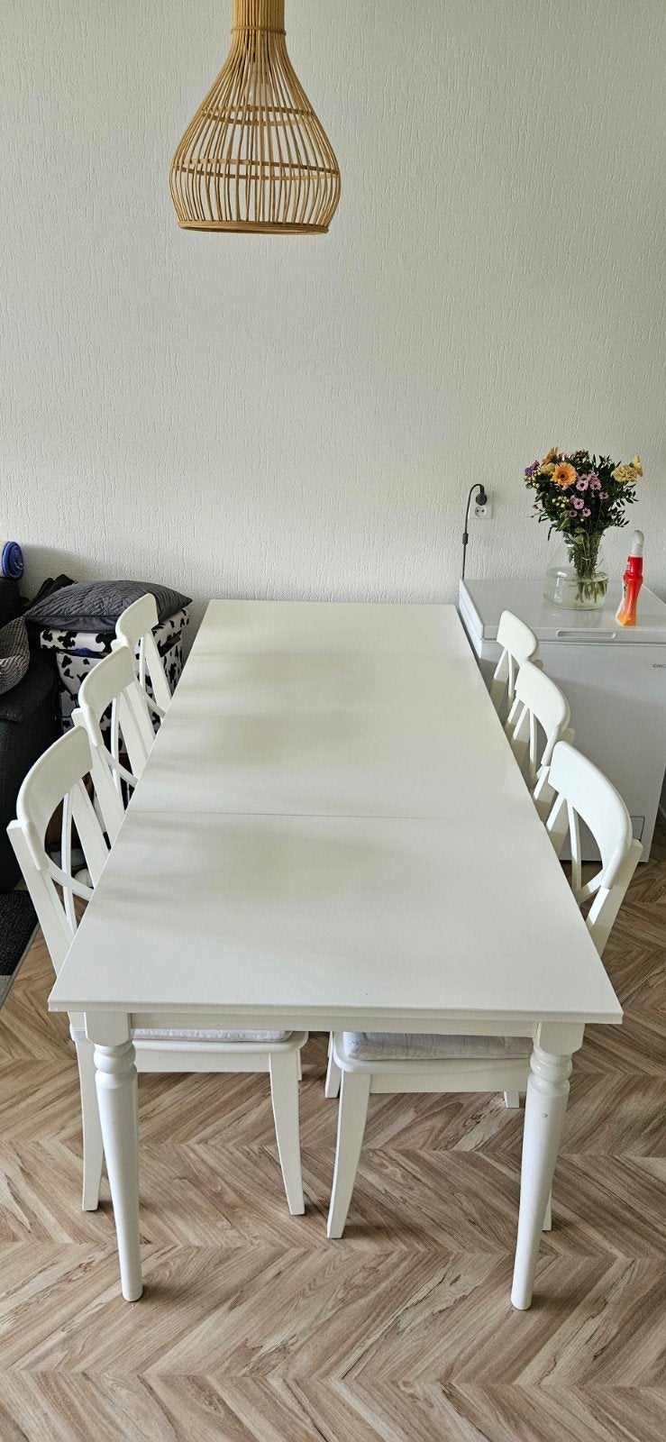 Uitschuifbare eettafel met 6 stoelen, Ophalen of Verzenden, Rechthoekig, 200 cm of meer, 50 tot 100 cm