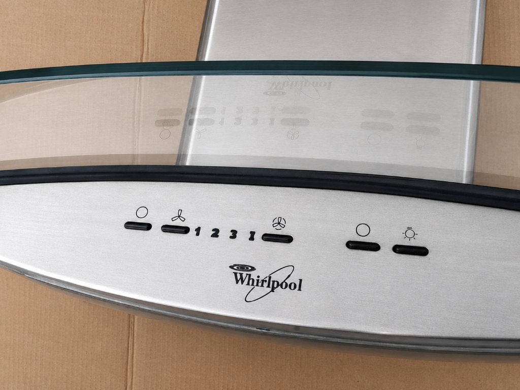 Luxe Whirlpool afzuigkap van RVS en Veiligheidsglas, Ophalen, Gebruikt, Wandschouwkap, Motor