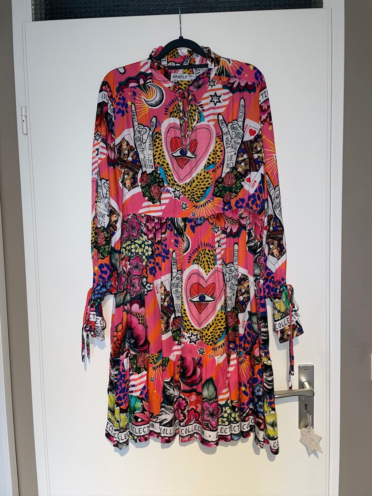 JANICE dames roze vintage print jurk dress mt 40, Maat 38/40 (M), Ophalen of Verzenden, Zo goed als nieuw, Knielengte
