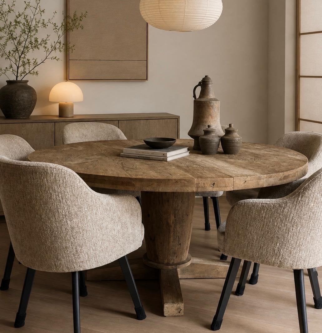 Ronde Oude eiken kloostertafel - 165 cm, Ophalen, Gebruikt, 150 tot 200 cm, Vijf personen of meer